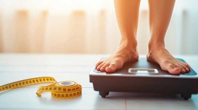 A close-up of bare feet on a weighing scale with a measuring tape, symbolizing health, fitness, and weight management.