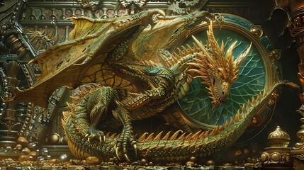 An epic portrayal of the dragon Scatha, with rich hues and meticulous details in Renaissance art, guarding a mystical treasure