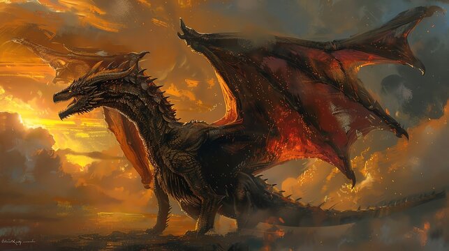 An epic portrayal of the dragon Balerion, the Black Dread, with rich hues and meticulous details in Renaissance art