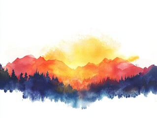 Serene Sunset over Forest Landscape, Watercolor Art Generative AI