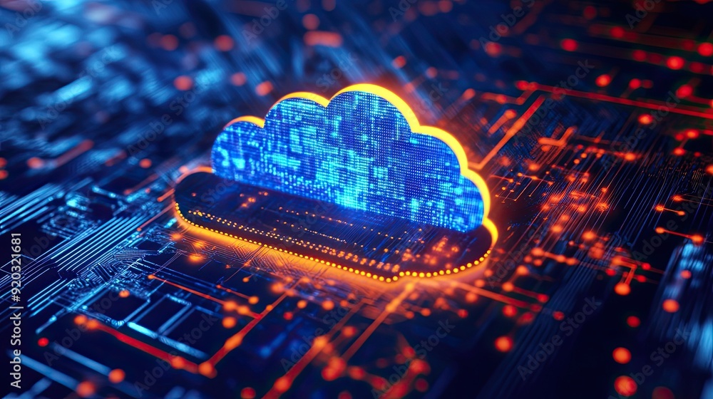 Poster digital cloud symbol on circuit board with glowing lines