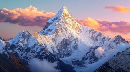 Obraz premium Majestic snow-capped mountain peak with pink clouds in the sky.