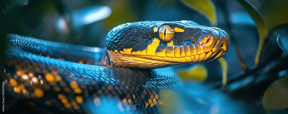 Poster A detailed close-up of a python slithering through the underbrush, side view, the scales shimmering in the light as it moves gracefully.