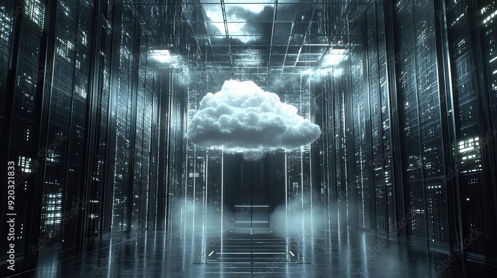 Poster Cloud Computing Concept with Server Racks in a Futuristic Data Center
