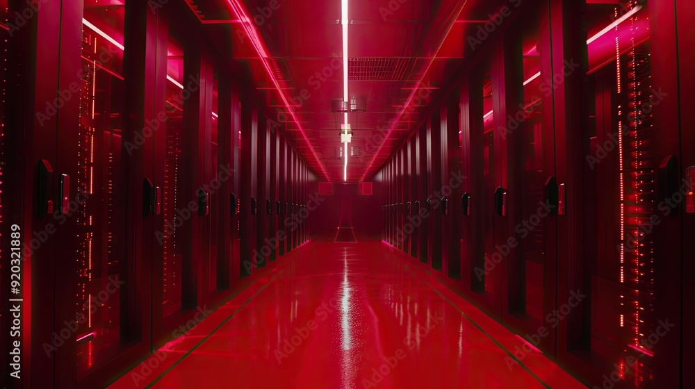 Poster red-lit server room corridor with rows of racks