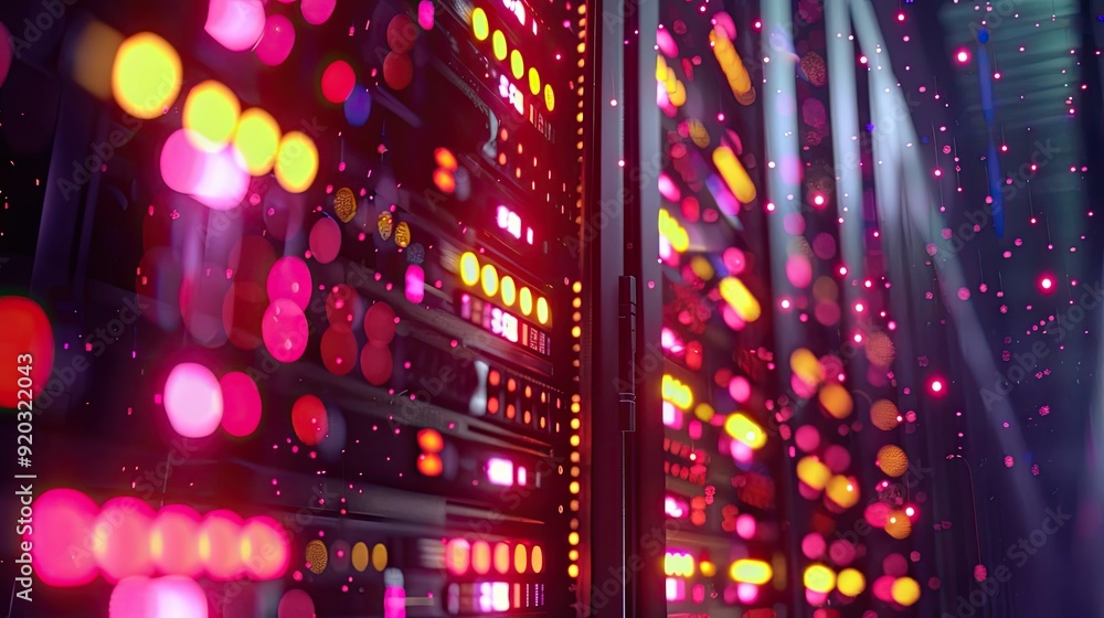 Poster Abstract Server Rack with Colorful Bokeh Lights
