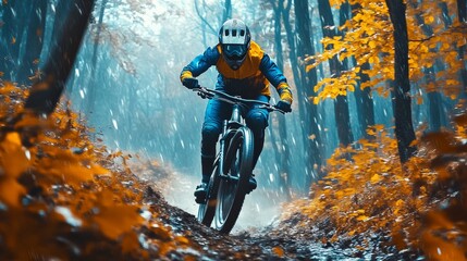 Fototapeta premium A man is riding a bike in the woods