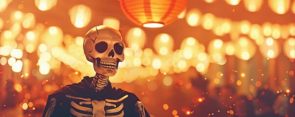 A festive skeleton surrounded by glowing lanterns, perfect for Halloween themes and spooky celebrations.