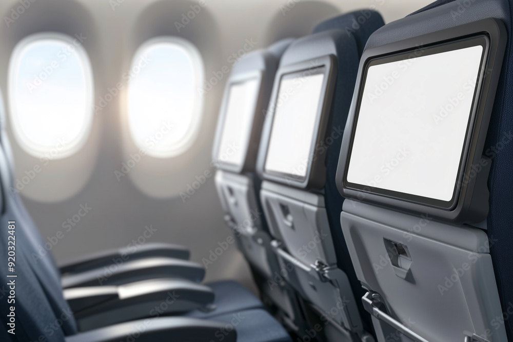 Poster airplane seats are empty and the windows are open. the seats are facing the window and the screens a