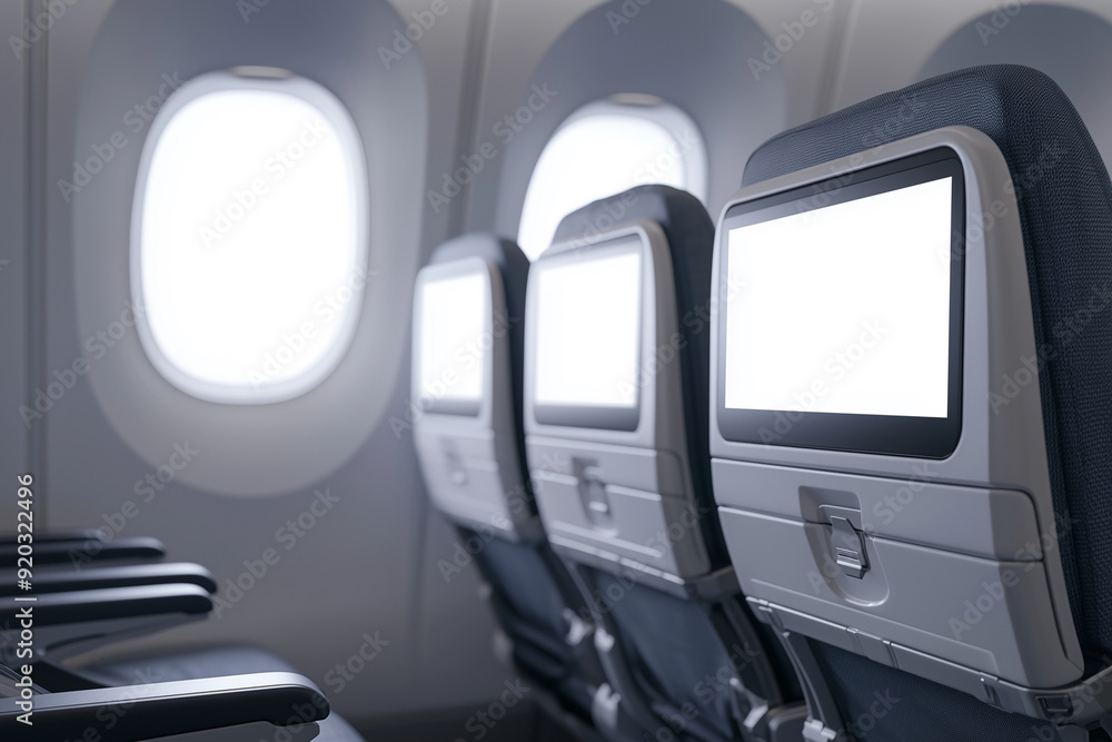 Poster airplane seats are empty and the windows are open. the seats are facing the window and the screens a