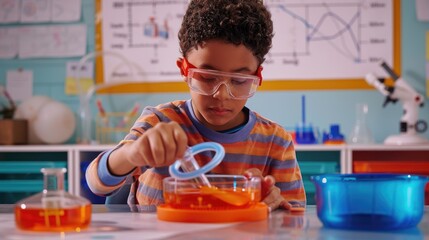 A young boy is circling an orange liquid in the top of a beaker with blue pipes in a school science class