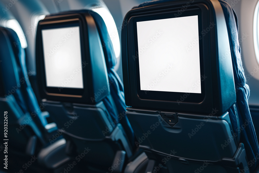 Poster airplane seats are empty and the windows are open. the seats are facing the window and the screens a
