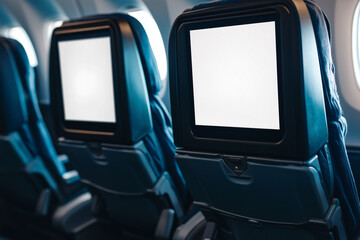 airplane seats are empty and the windows are open. The seats are facing the window and the screens are blank