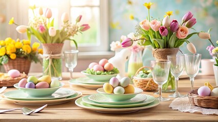 Elegant Easter brunch table setting with pastel colors and spring decor, Easter, brunch, table setting, elegant, pastel