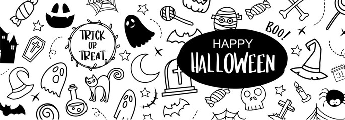Halloween hand drawn banner abstract background. Cover halloween doodle style cute design.