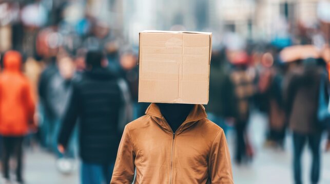 A person with a box on their head walking through a busy city street, symbolizing anonymity and urban life.