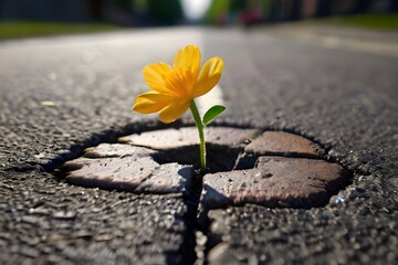 A hopeful and inspiring photo of a flower growing out of a crack in the asphalt, symbolizing the...