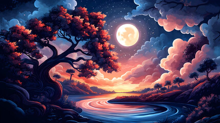 Serene landscape with a river, moonlight, and colorful clouds.