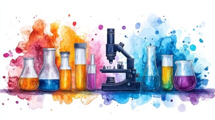 Watercolor illustration of a microscope, beakers, and test tubes against a colorful background.