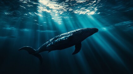 Naklejka premium A whale is swimming in the ocean with the sun shining on it
