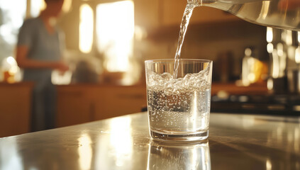Water being poured into glass in kitchen