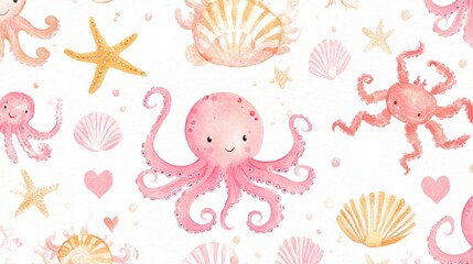 Watercolor illustration of pink octopus with shells and starfish on a white background.