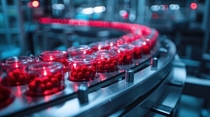 Jars of red fruit moving on a conveyor belt in a factory setting.