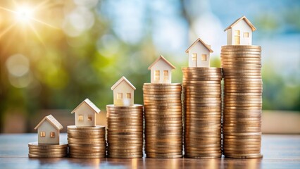 Stacks of coins with house icons on top symbolizing financial success and growth in real estate investment, coins, stacks
