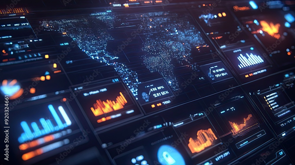 Poster futuristic digital interface with world map and data visualizations