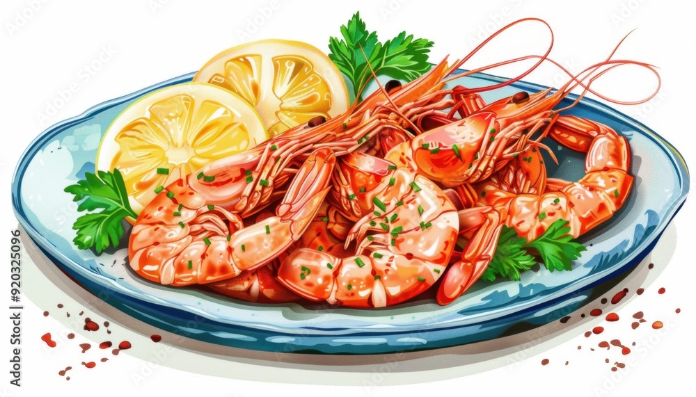 Wall mural Delicious shrimp platter with lemon and herbs on a blue decorative plate