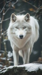 Obraz premium A wolf is standing on a rock in the snow