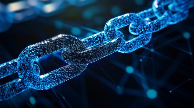 A close up of a blue digital chain link with a dark background.