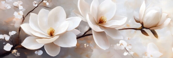 A close-up oil painting of white magnolia blossoms with soft focus.