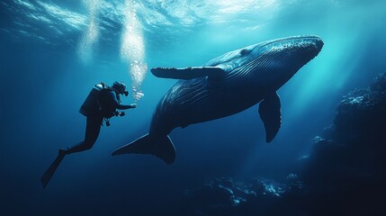Fototapeta premium A man in a scuba suit is swimming next to a whale