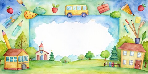 Fototapeta premium Watercolor painting of a whimsical back to school card background frame, watercolor, back to school, card, background