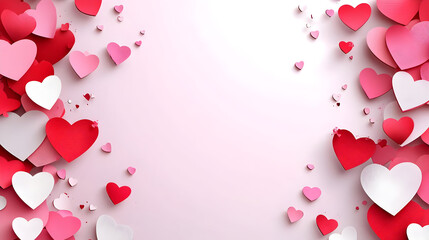 A collection of colorful paper hearts arranged on a soft pink background.
