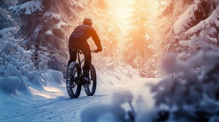 A man is riding a bike in the snow