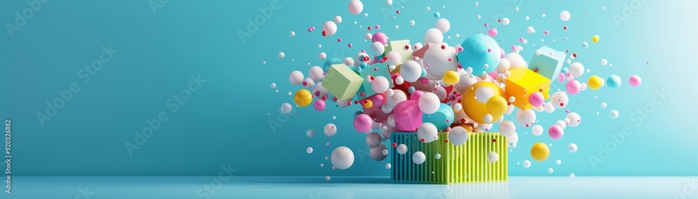 Poster a vibrant 3d explosion of colors and shapes, creating an energetic backdrop with a designated area f