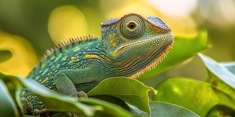 Fototapeta premium A close-up image capturing the scales of a chameleon blending into the foliage, side view, with detailed focus on the texture.