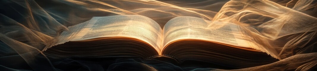 Open Book with Text Under Golden Fabric Drape