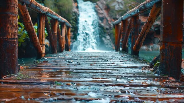A wooden trestle bridge with a waterfall in the background, set in a forested area during or after rain.