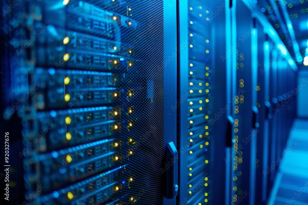 Poster a stateoftheart modern data center showcasing illuminated server racks along with advanced innovativ