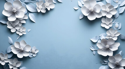A serene blue background adorned with intricate white paper flowers and leaves.