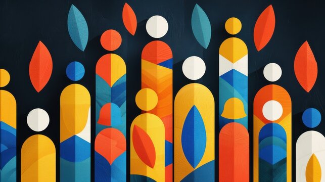 Colorful abstract figures representing diversity and unity in a modern design, ideal for backgrounds or social themes.