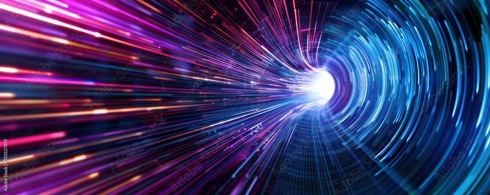 Poster Colorful light trails converge towards a central point, creating a dynamic representation of speed and energy in motion.
