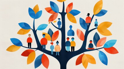 Colorful illustration of people on a tree, symbolizing community, growth, and connection in a vibrant design.
