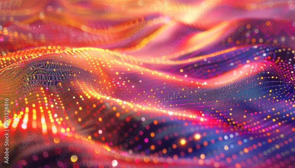 Poster colorful abstract wave pattern with glowing dots in a digital landscape