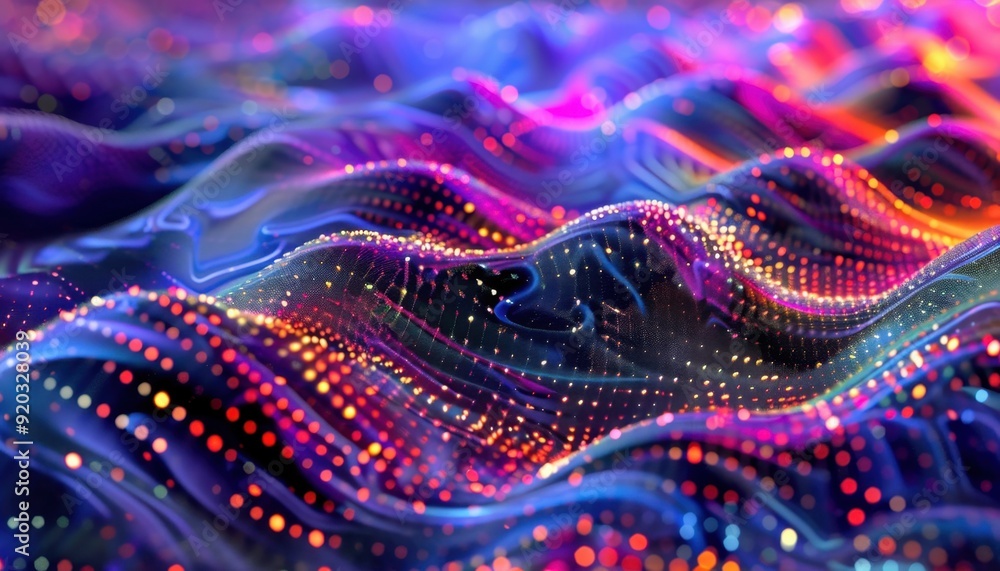 Aufkleber colorful abstract wave patterns with glowing dots over a dark background in digital art