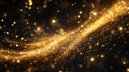 Naklejka premium golden particles and sprinkles for holiday. shiny golden lights. Defocused Golden Particles Glittery against Dark Background with Copy Space.