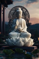 Fototapeta premium Serene Buddha Statue on Lotus in Tranquil Setting - A serene Buddha statue seated on a lotus flower, set against a peaceful backdrop of nature with warm, soft lighting at sunset.